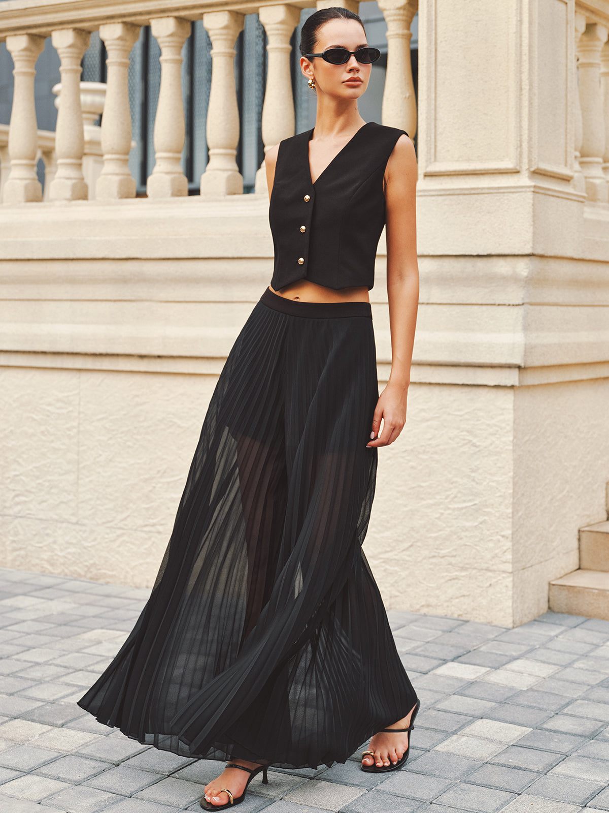 Cropped Vest & Sheer Pleated Palazzo Pants Set