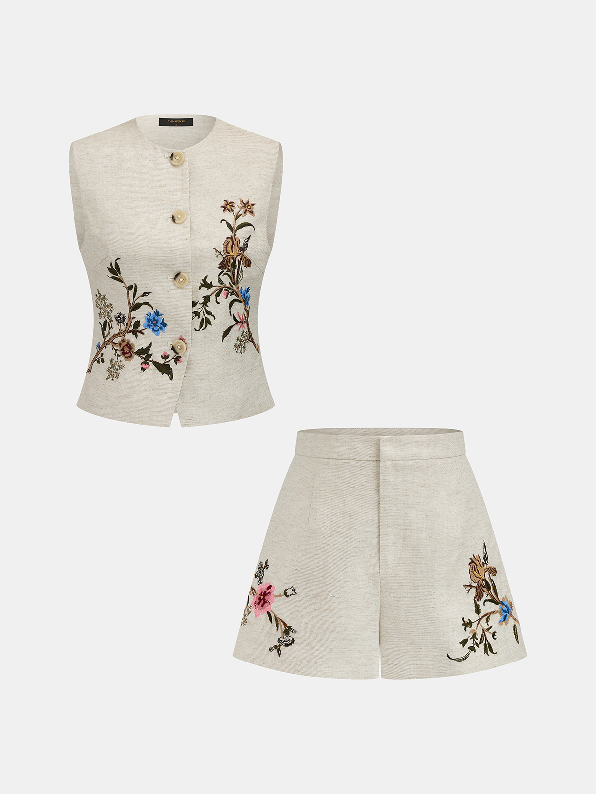 Floral Embroidered Linen Blend Shorts