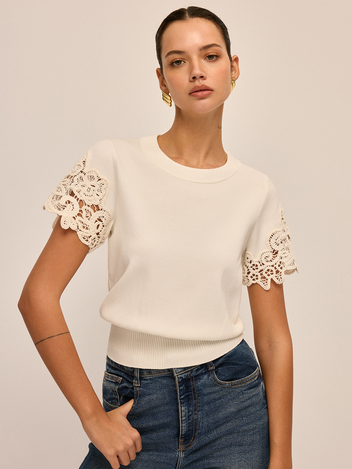 Round Neck Crochet Lace Sleeve Knit Top