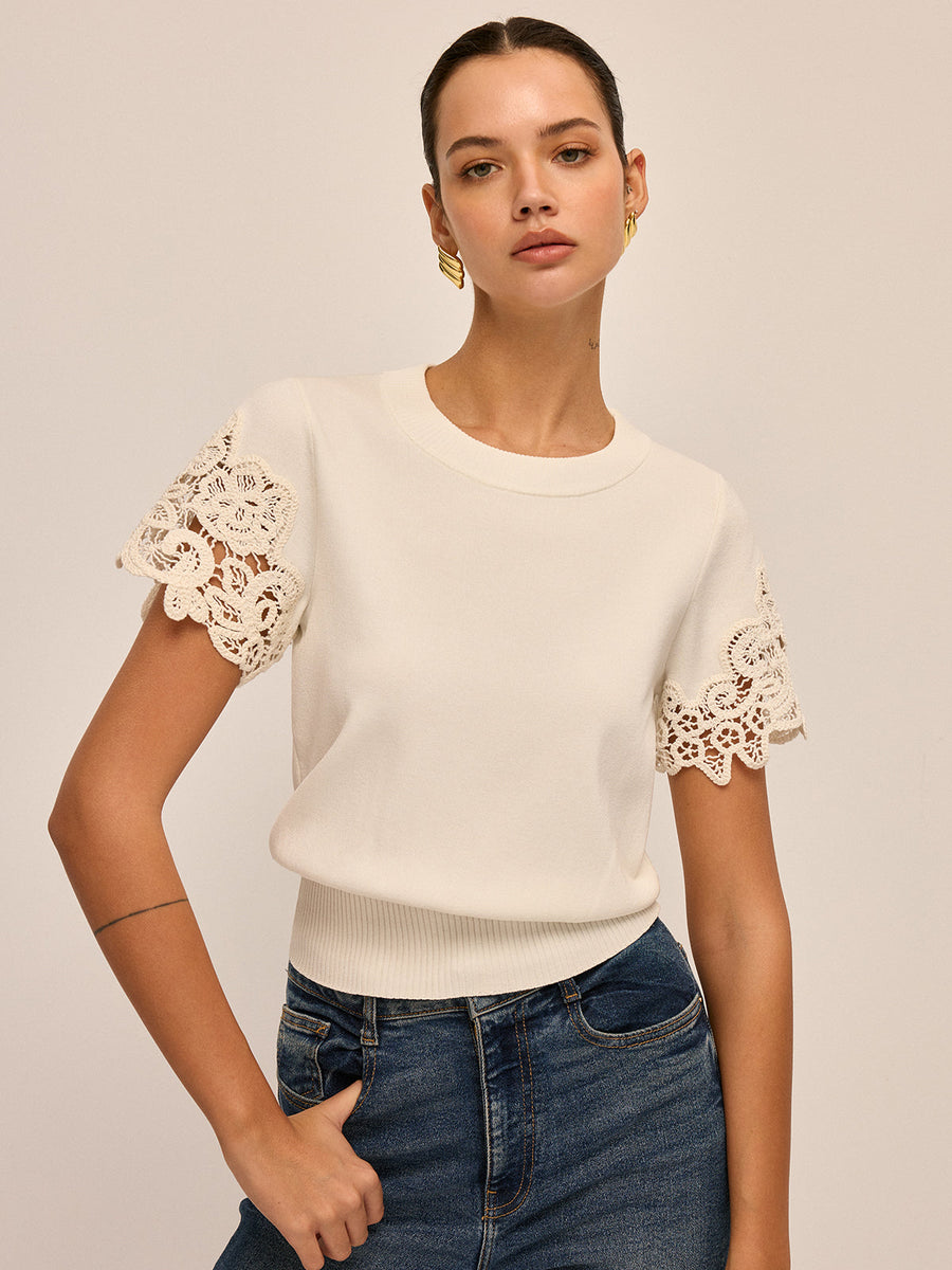 Round Neck Crochet Lace Sleeve Knit Top