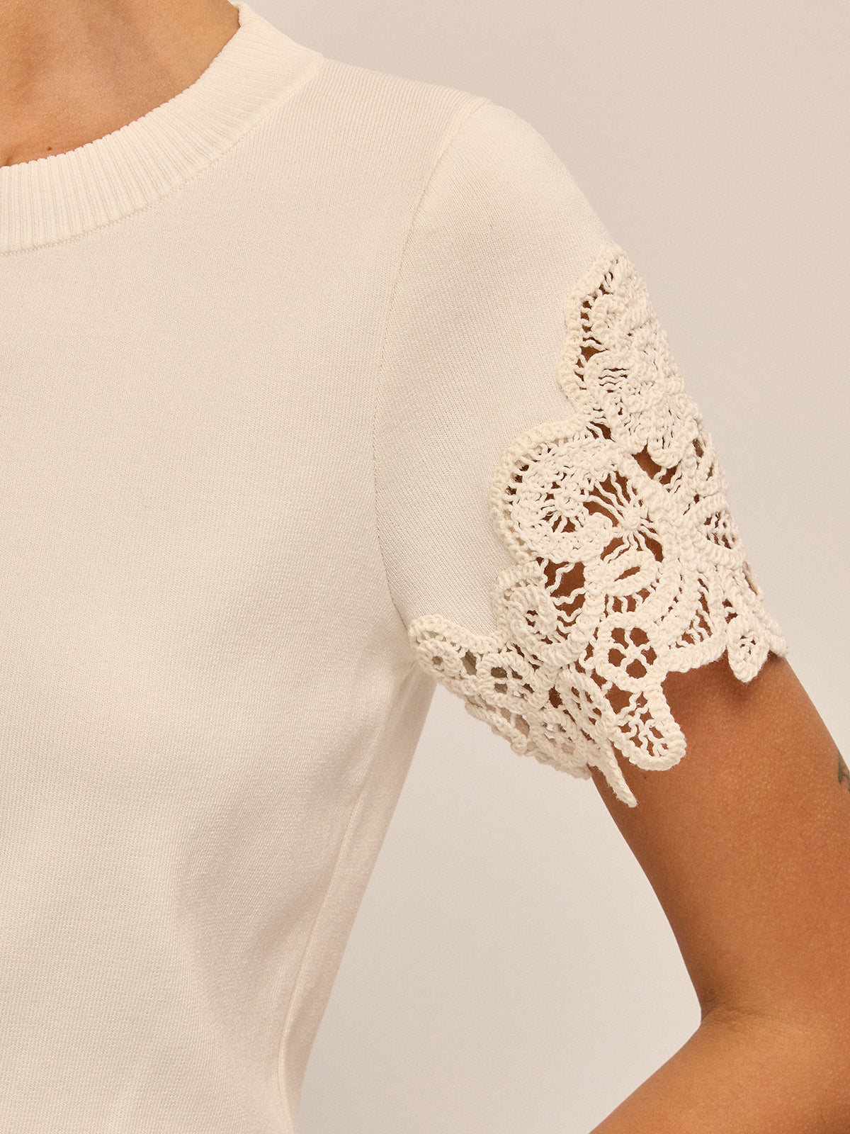 Round Neck Crochet Lace Sleeve Knit Top