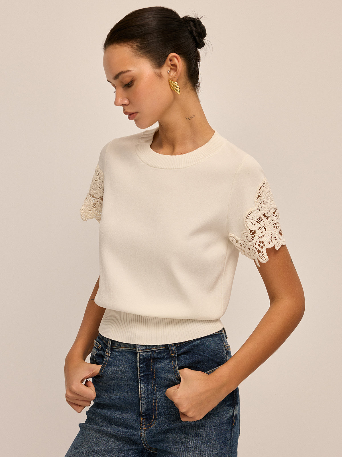 Round Neck Crochet Lace Sleeve Knit Top