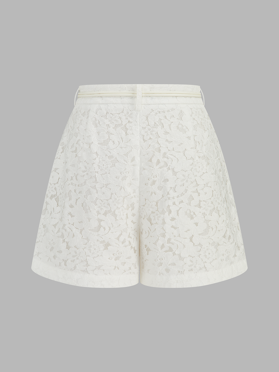 Mid-Waist Belted Lace Shorts