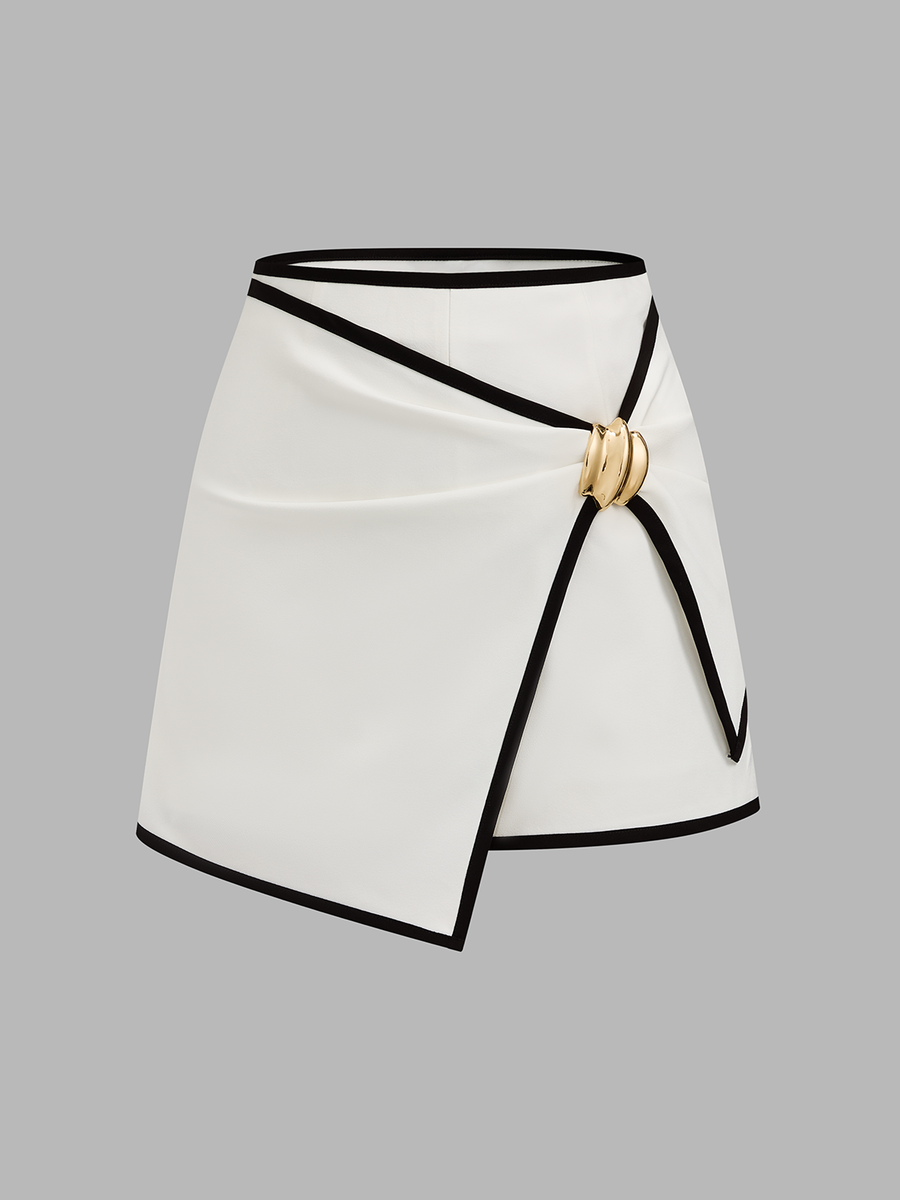 Metal Buckle Contrast Trim Asymmetrical Skort