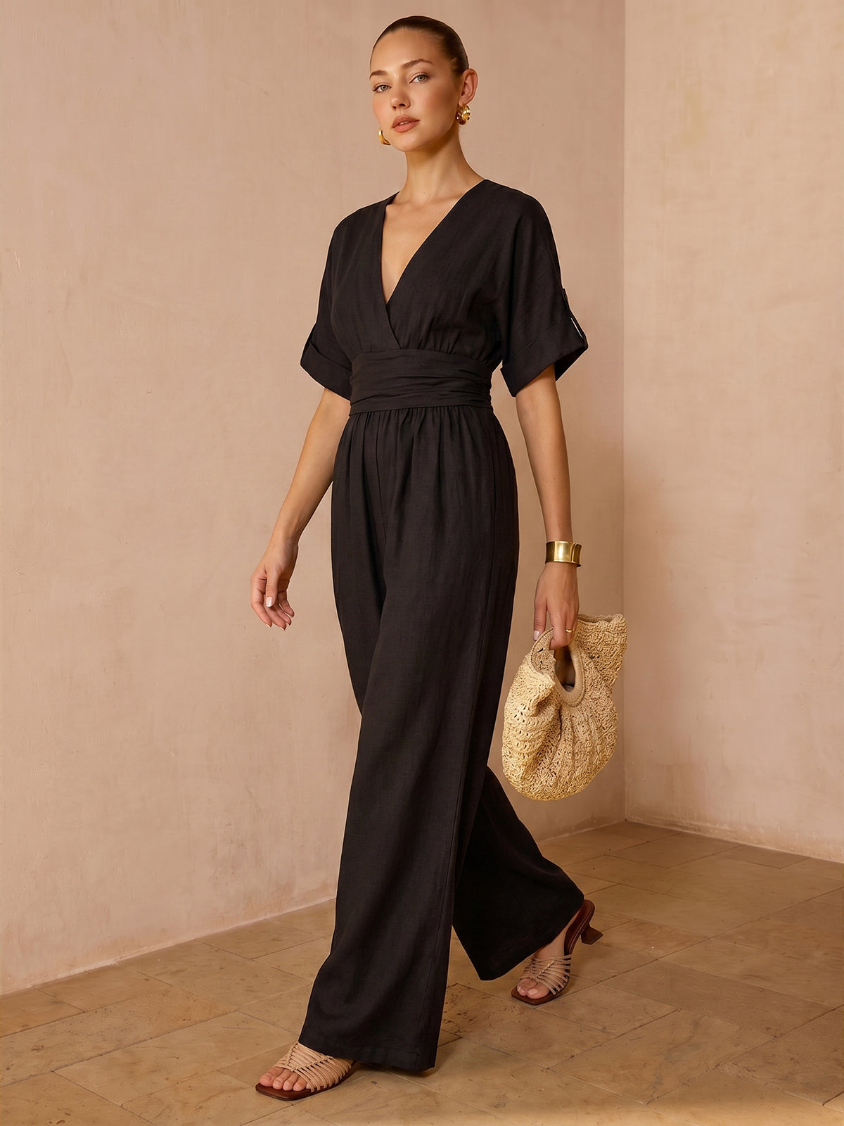 Tencel Blend Ruched Waist Wide Leg Jumpsuit