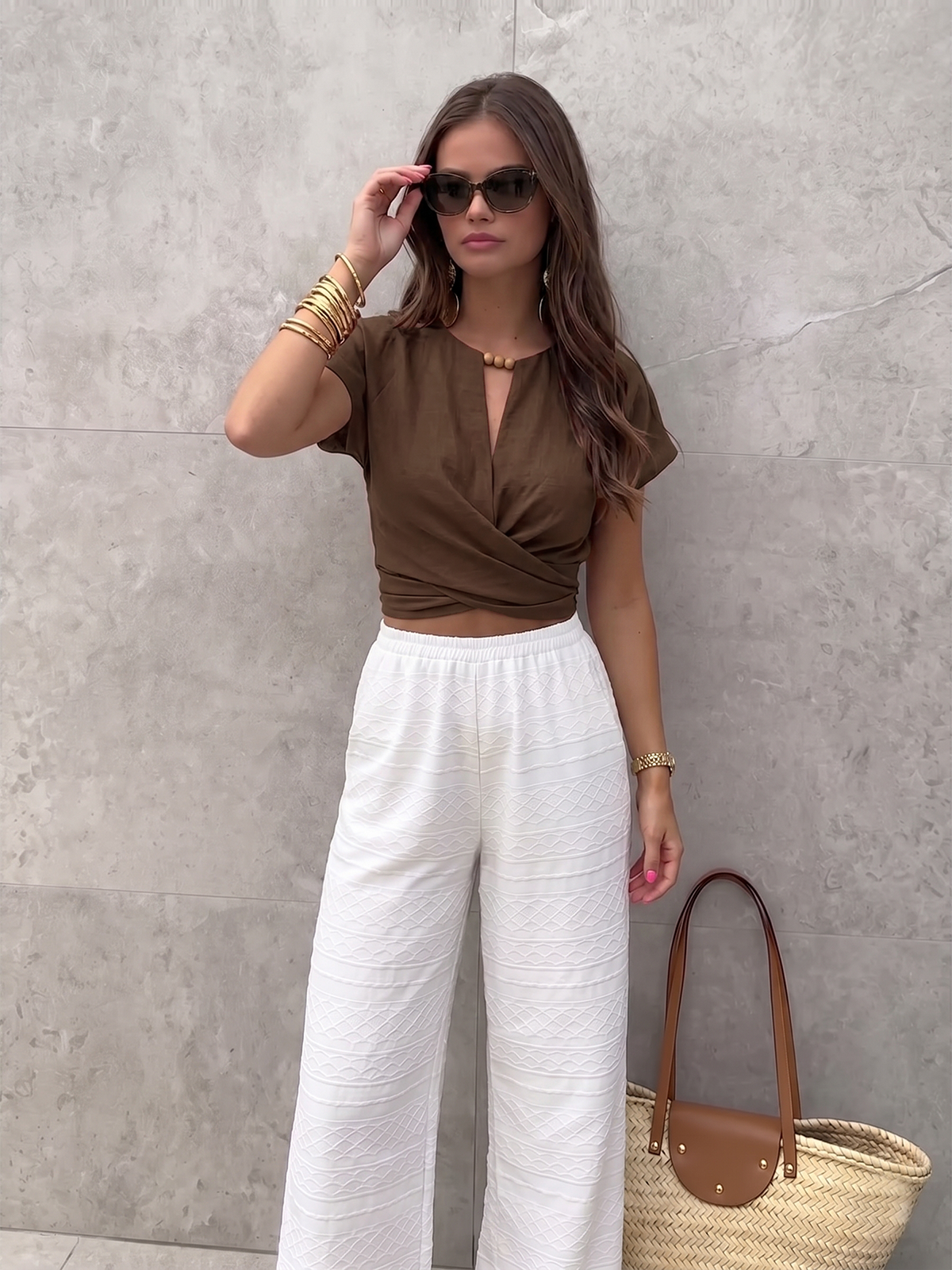 Tie-Back Wrap Crop Short Sleeve Blouse