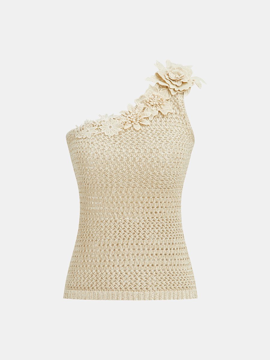 One Shoulder 3D Flower Crochet Top