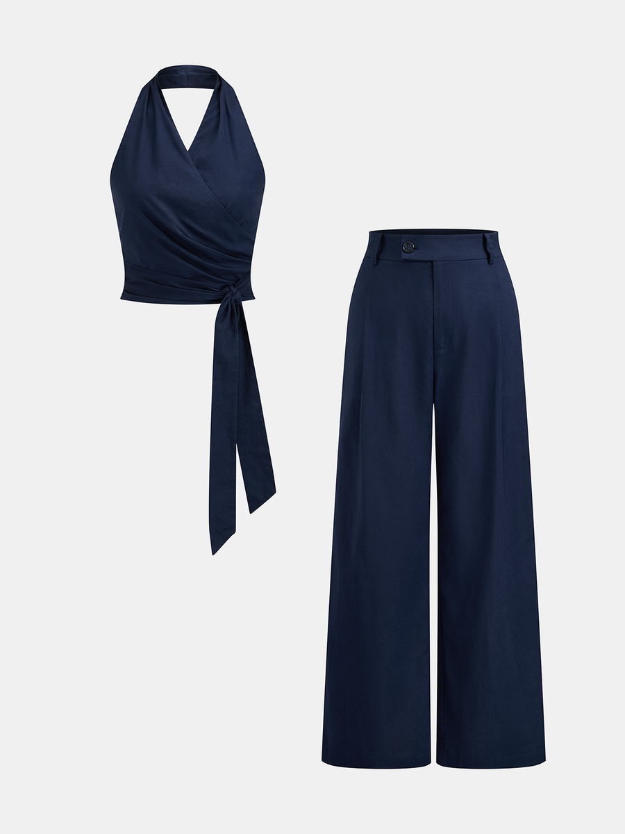 Cotton Linen Halter Wrap Top & Pants Set