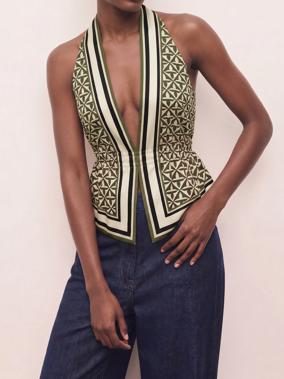 Geometric Print Cinched Waist Satin Top
