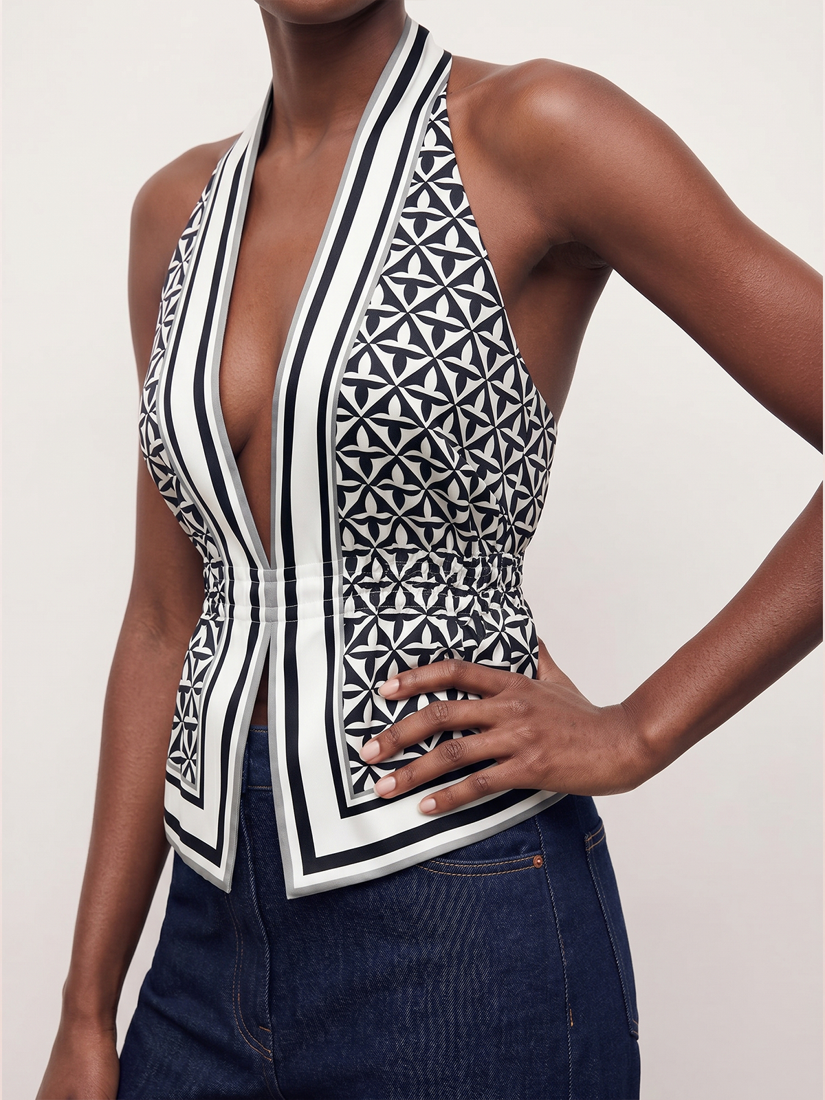 Geometric Print Cinched Waist Satin Top