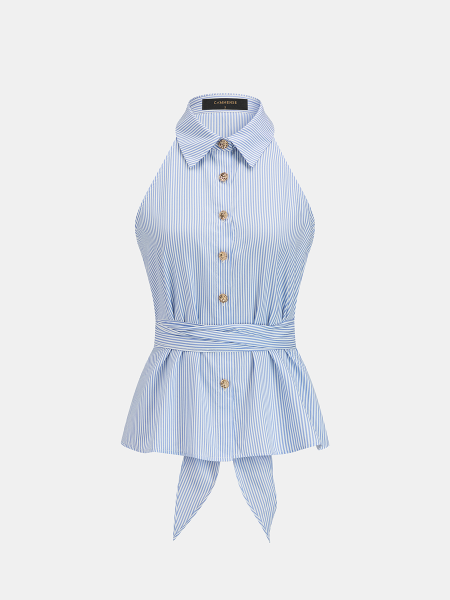 Back Bow Striped Halter Neck Blouse