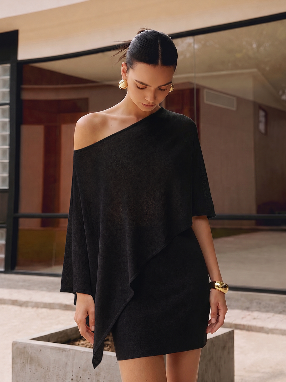 Asymmetric Knit Cape Top & Mini Skirt Set