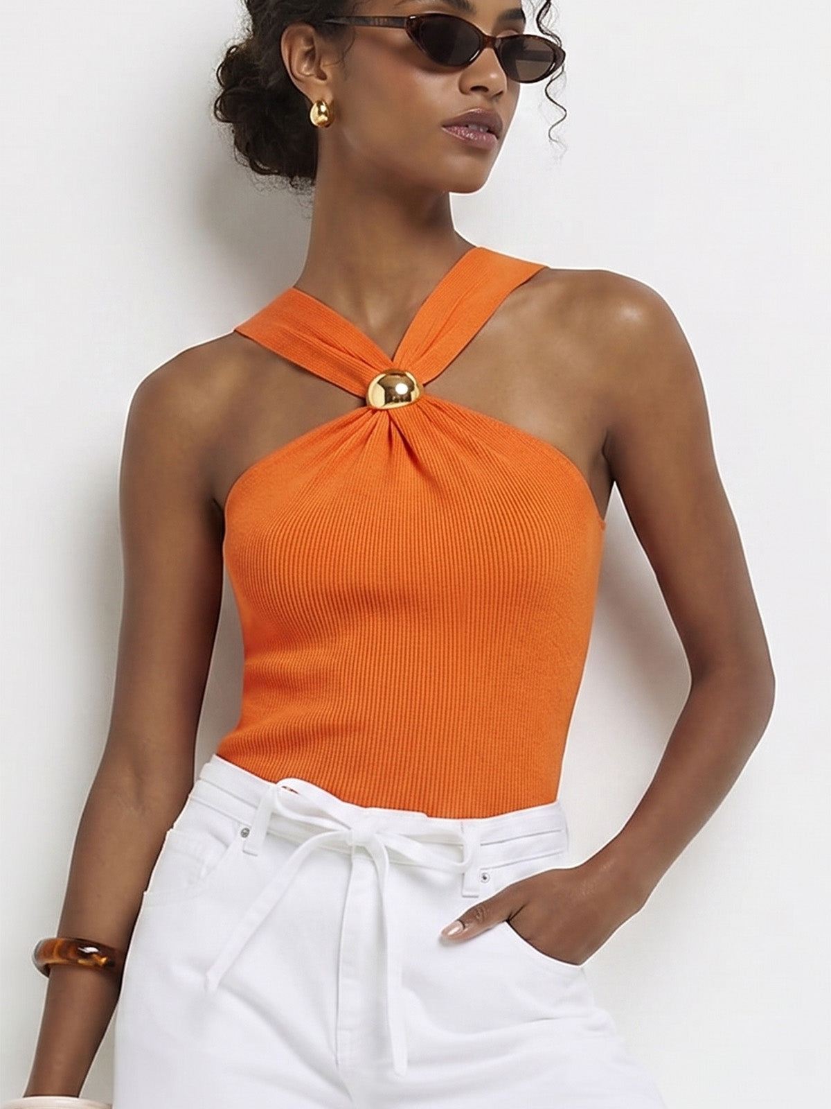 Metal Detail Ribbed Knit Tank Top