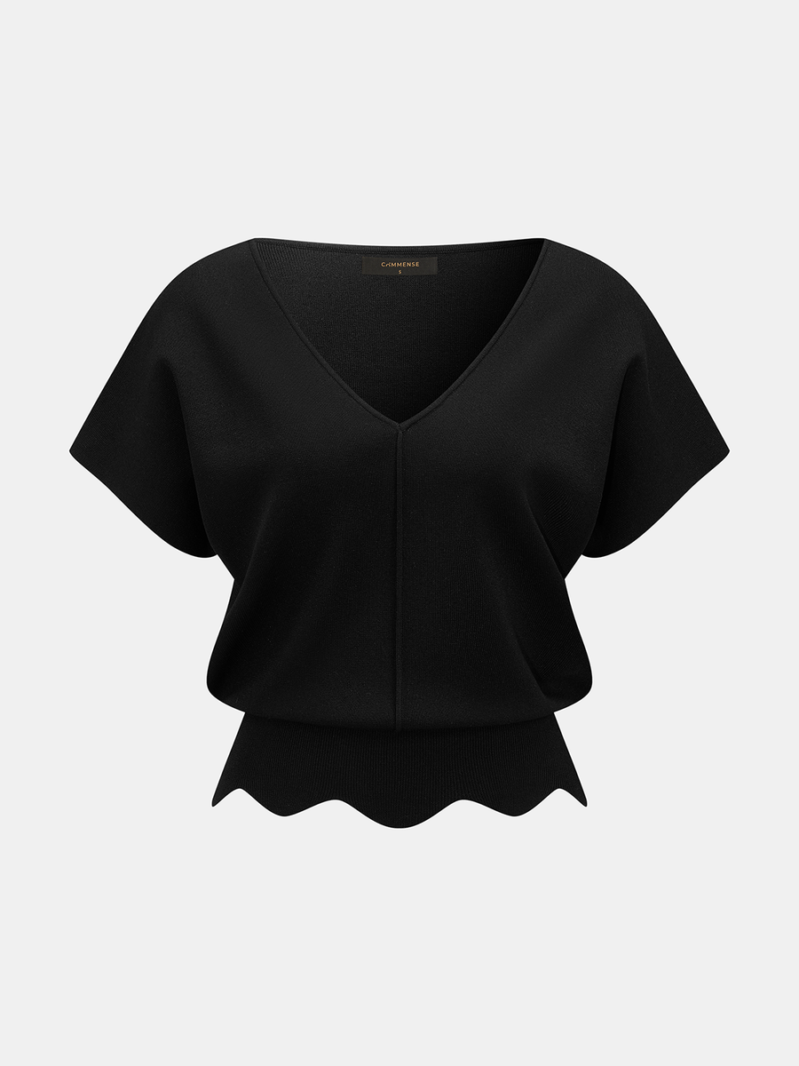 V-Neck Scalloped Hem Knit Top
