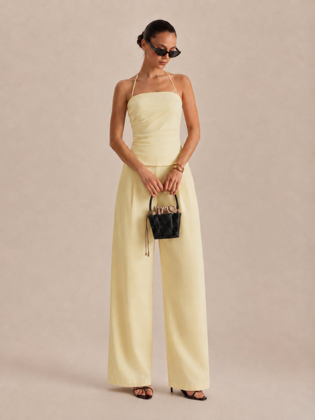 Ruched Halter Top & Wide Leg Pants Set