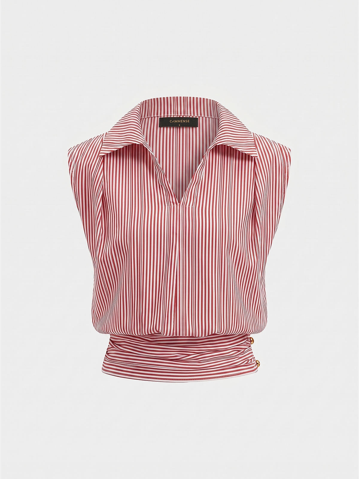 Striped Collared Sleeveless Cinched Blouse