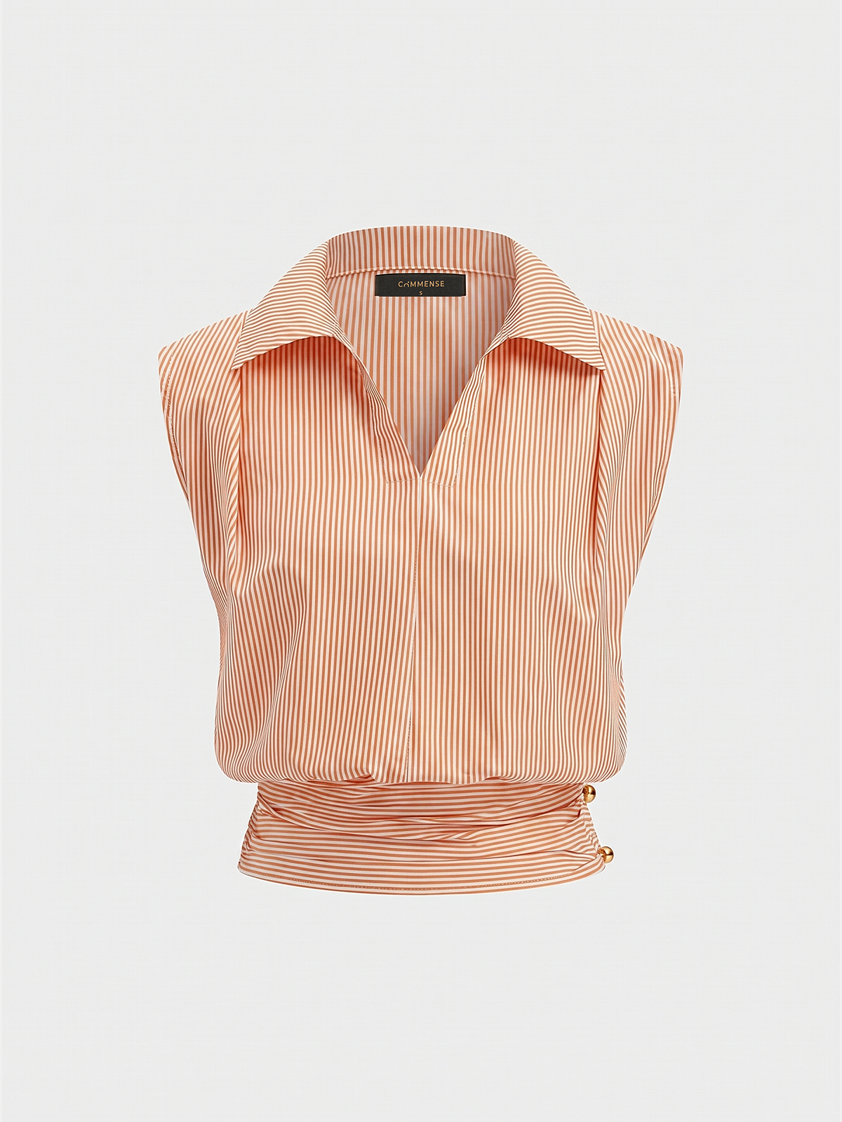 Striped Collared Sleeveless Cinched Blouse