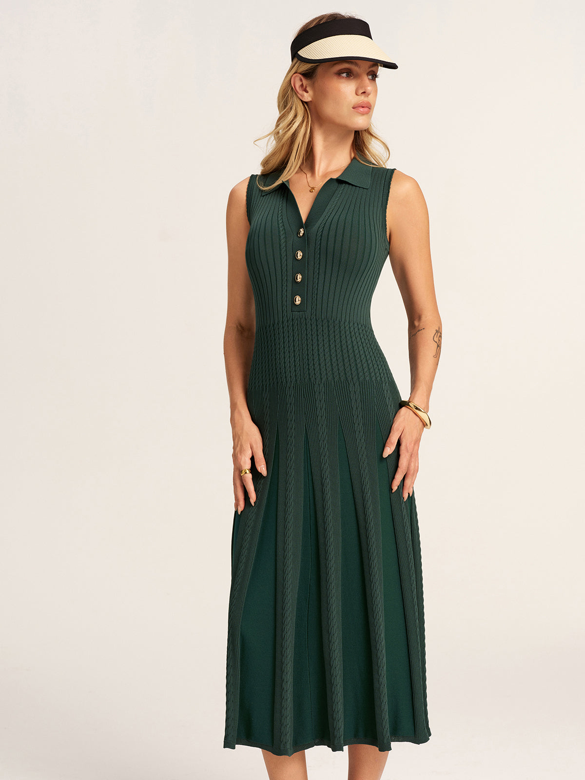 Sleeveless Polo Ribbed Knit Midi Dress
