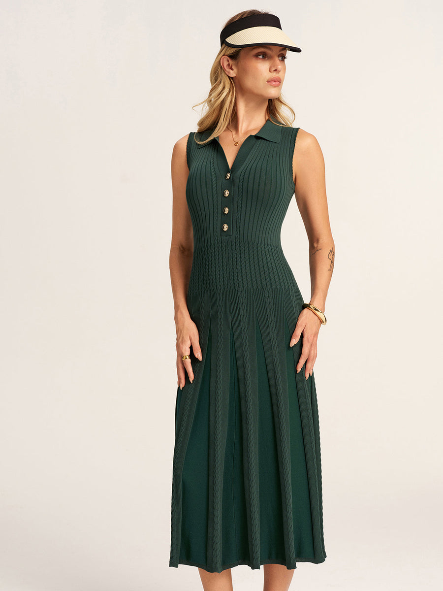 Sleeveless Polo Ribbed Knit Midi Dress