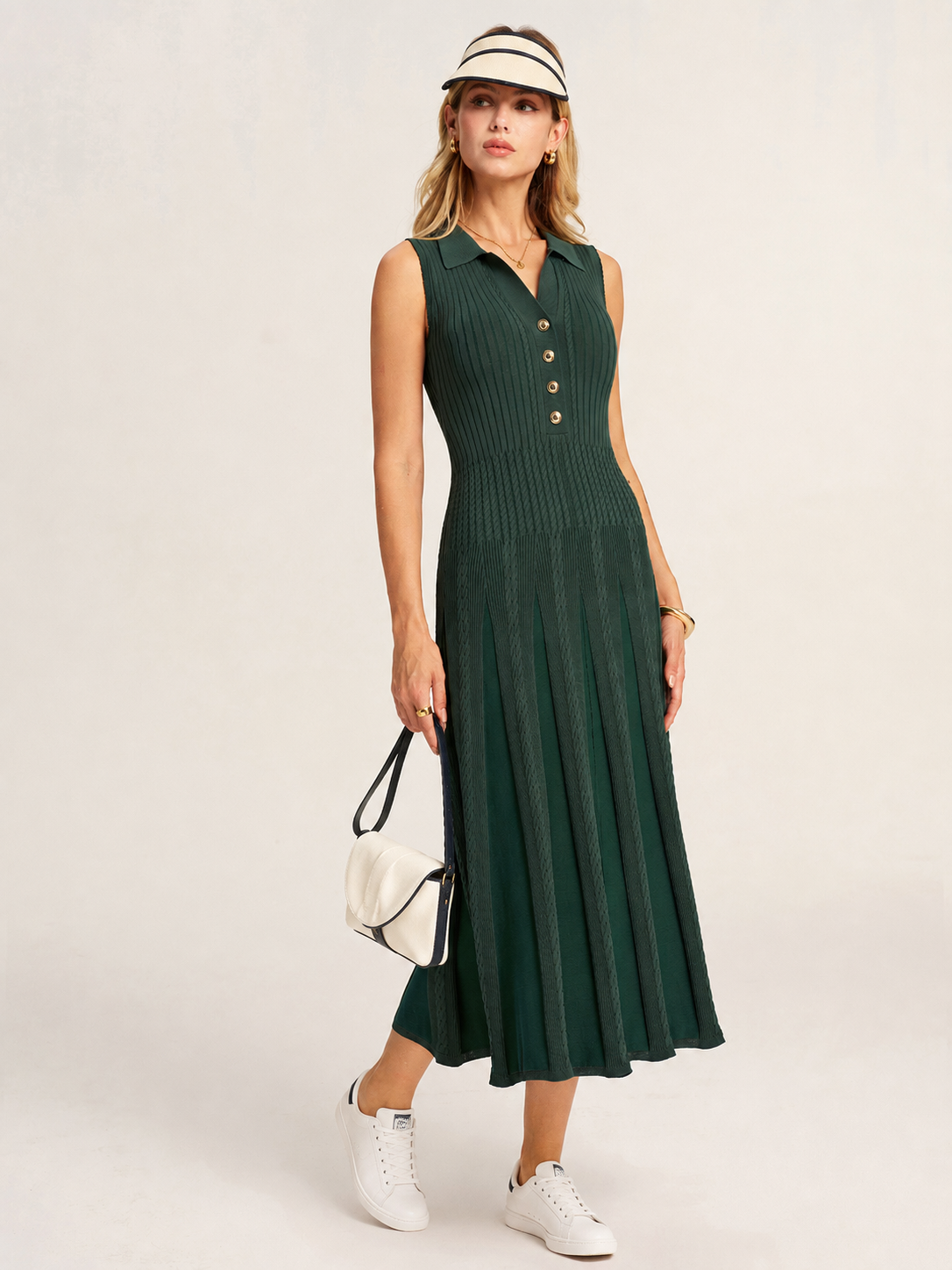 Sleeveless Polo Ribbed Knit Midi Dress