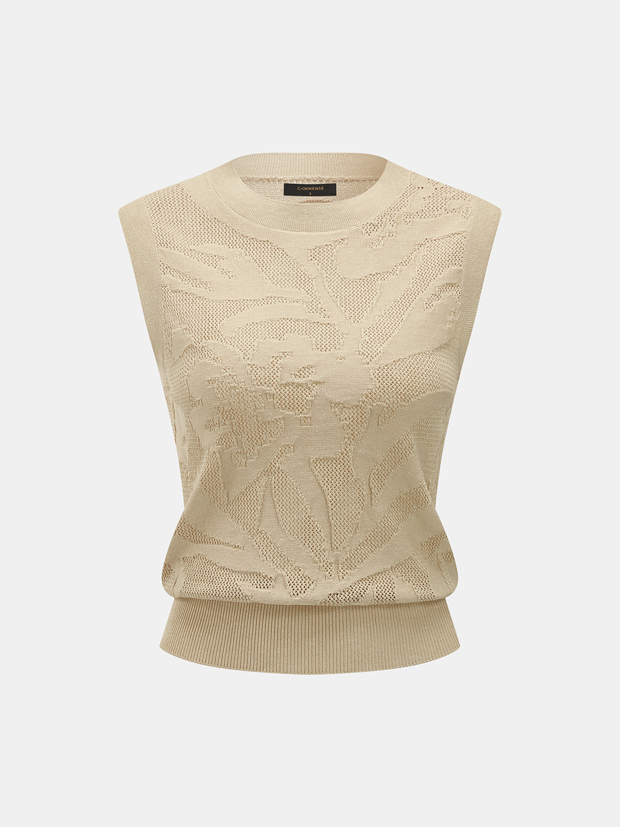 Openwork Jacquard Crew Neck Knit Vest