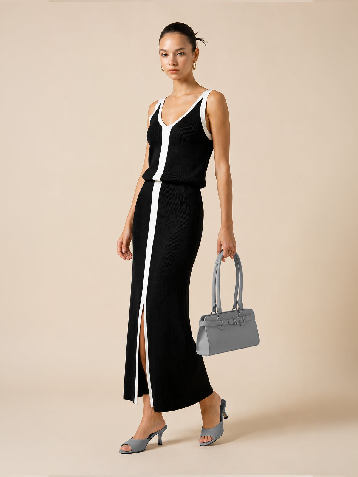 Contrast Trim Slit-Front Ribbed Knit Maxi Dress