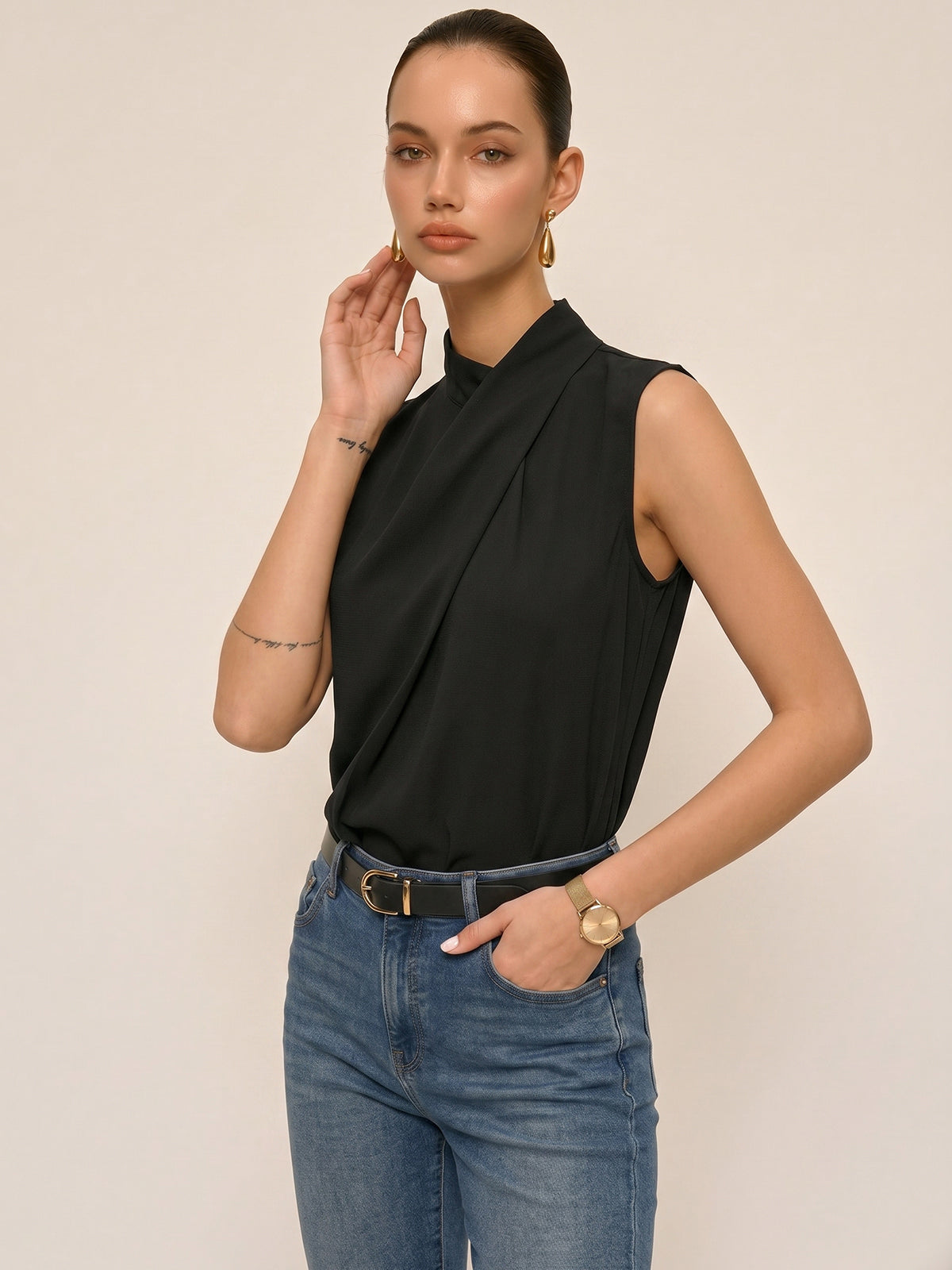 Sleeveless Striped High Neck Blouse
