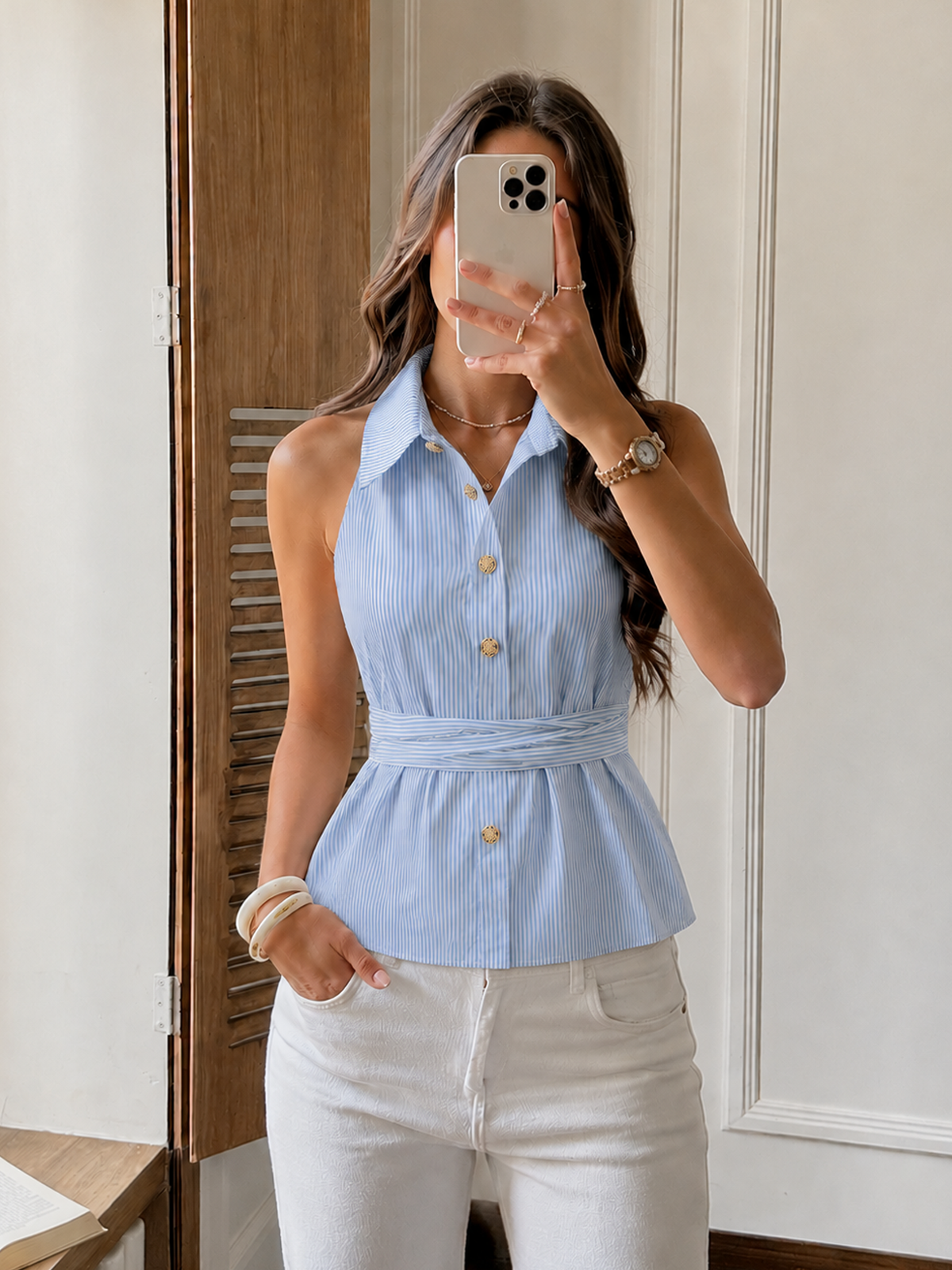 Back Bow Striped Halter Neck Blouse