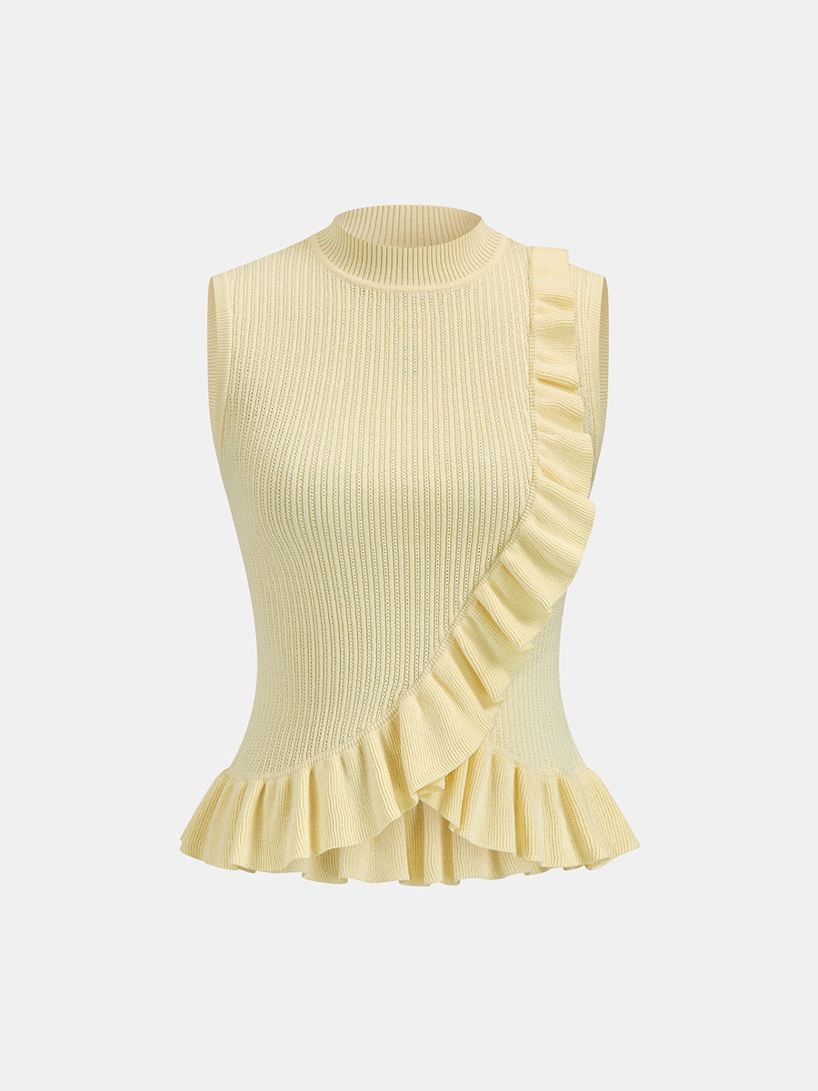 Ribbed High Neck Ruffle Sleeveless Top
