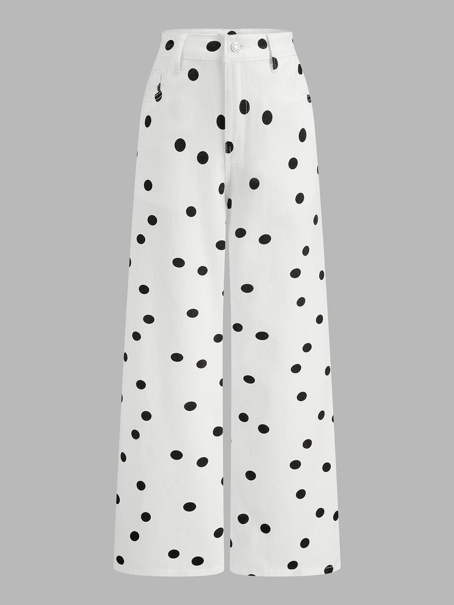 Polka Dot Wide Leg Denim Pants