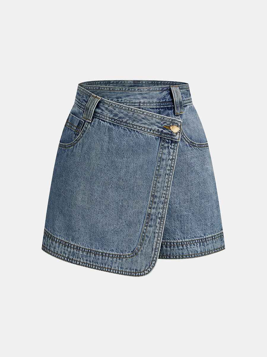 Wrap Front Asymmetrical Denim Skort