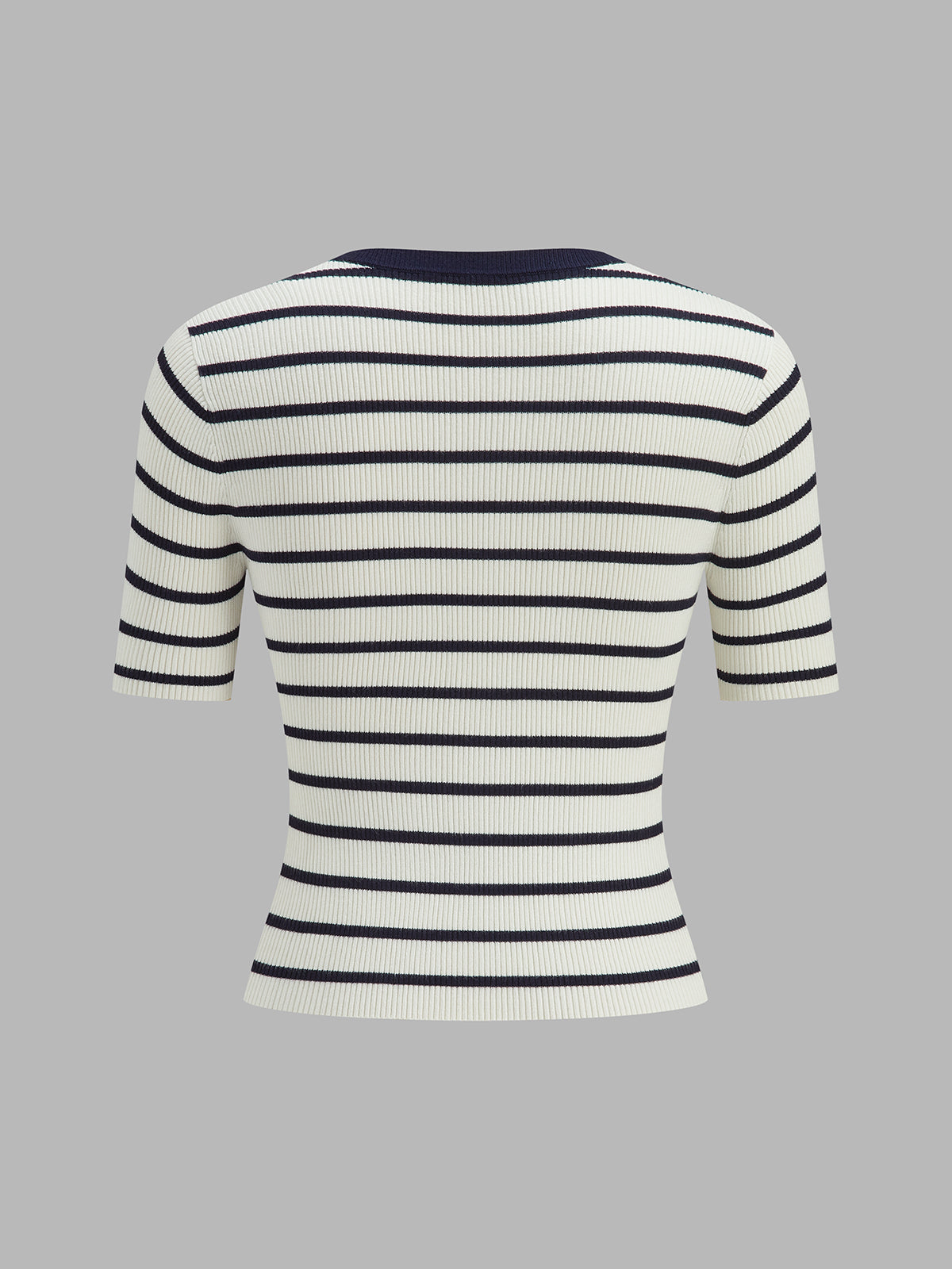 Striped Metal Button Short Sleeve Ribbed Knit Top