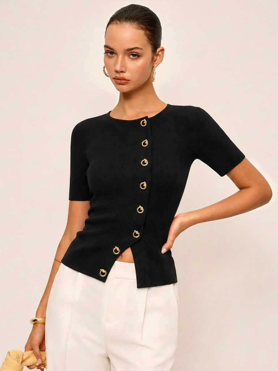 Metal Detail Short Sleeve Ribbed Knit Top