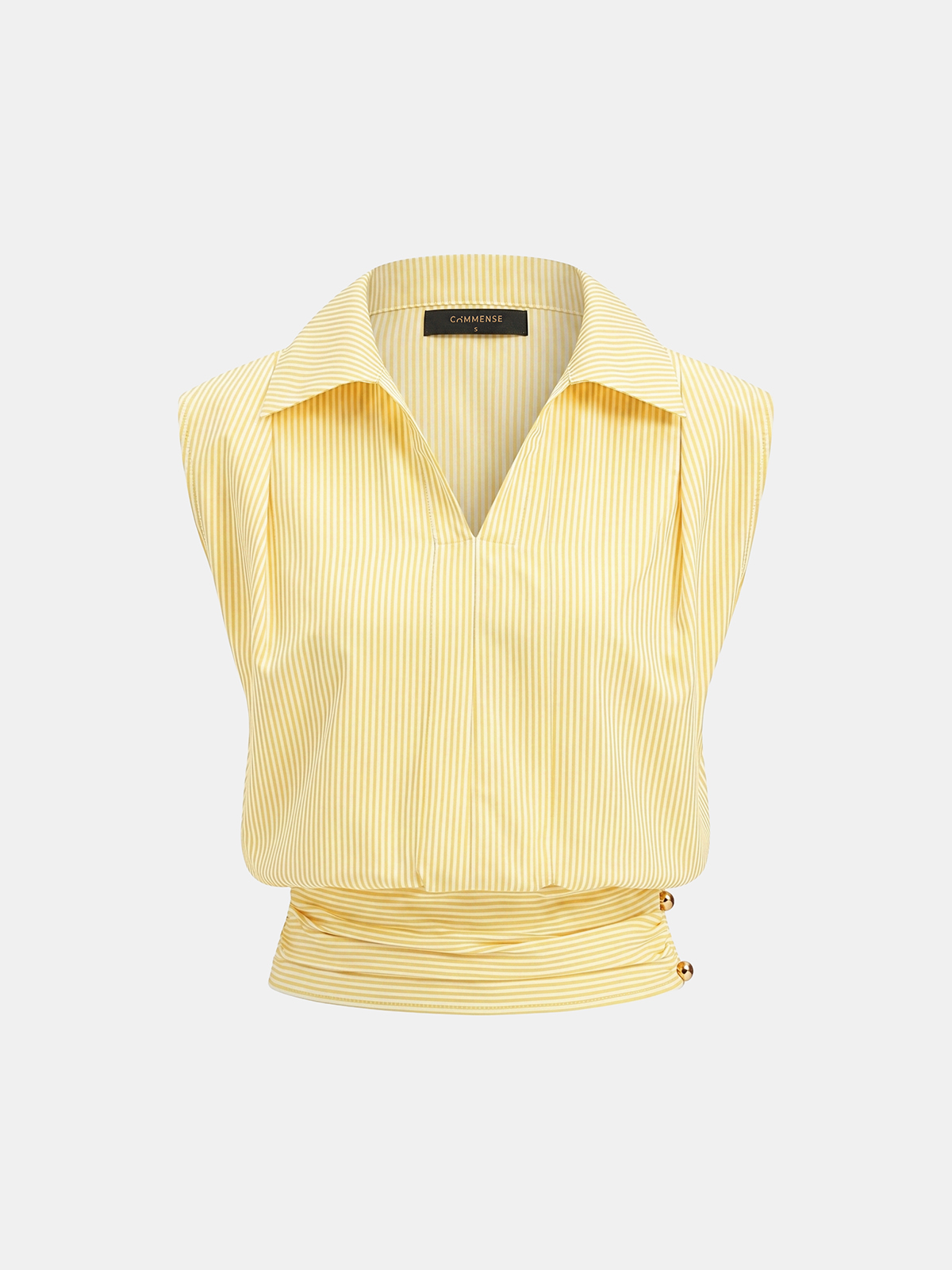 Striped Collared Sleeveless Cinched Blouse