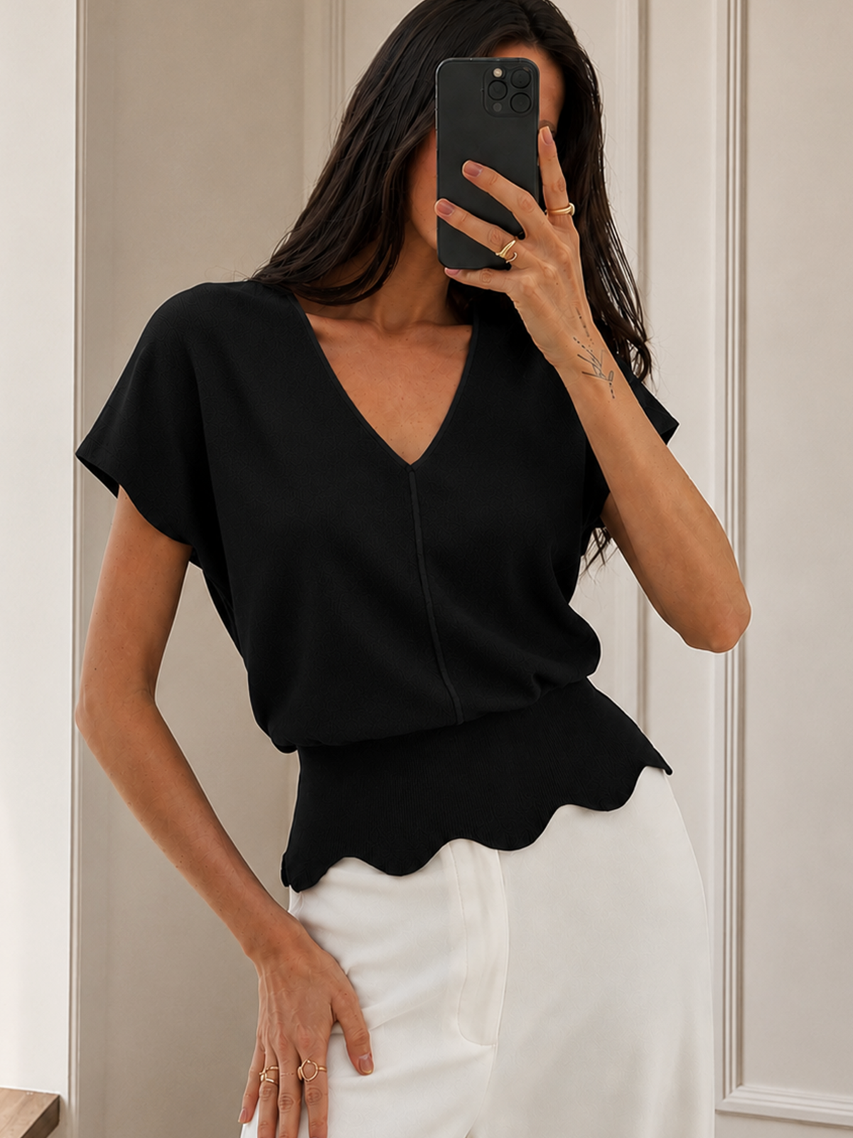 V-Neck Scalloped Hem Knit Top