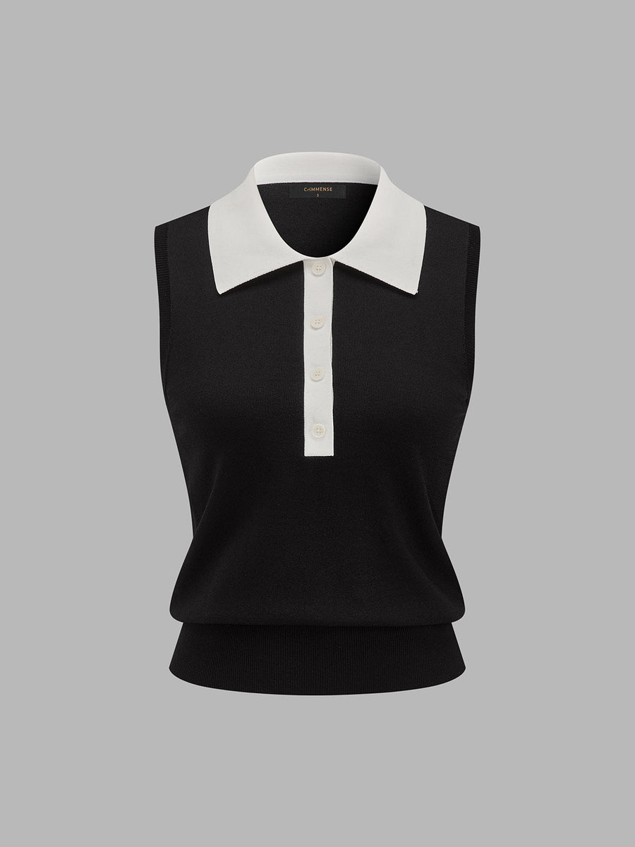 Color Block Sleeveless Polo Knit Top