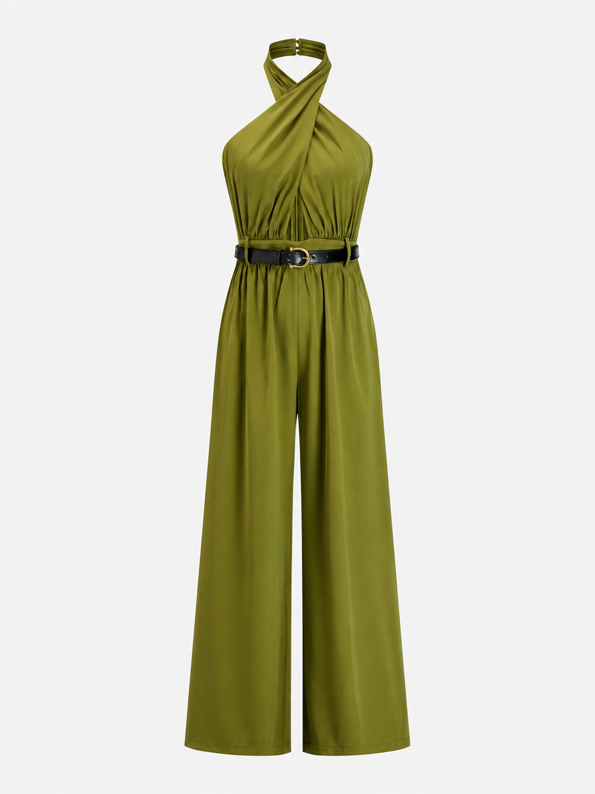 Cross Halter Belted Wide Leg Jumpsuit