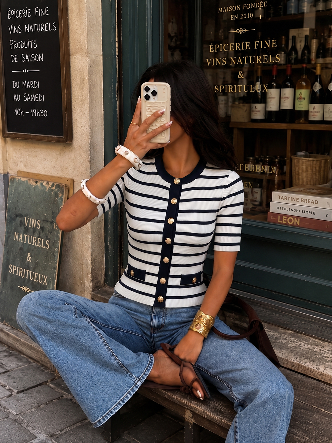 Striped Metal Button Short Sleeve Ribbed Knit Top