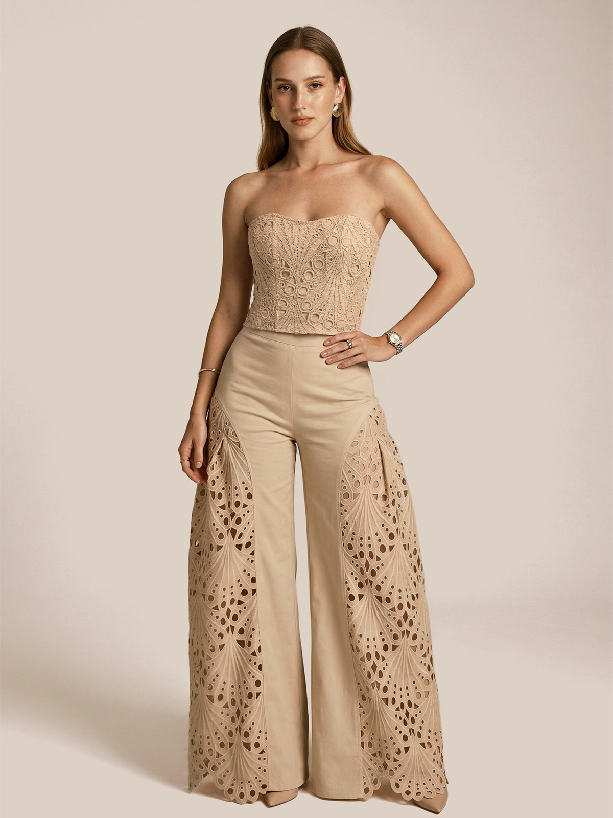 Strapless Eyelet Top & Wide Leg Pants Set
