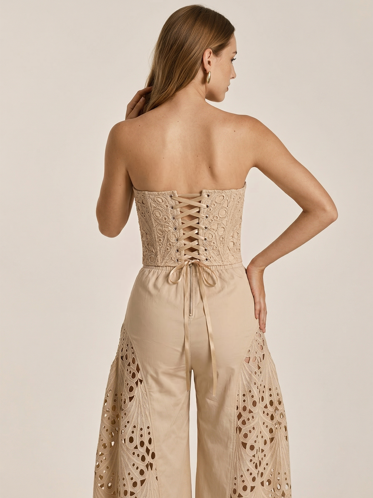 Strapless Eyelet Top & Wide Leg Pants Set