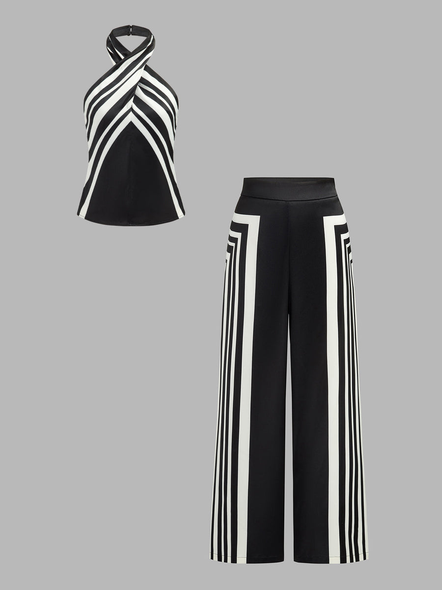 Graphic Stripe Halter Top & Pants Set