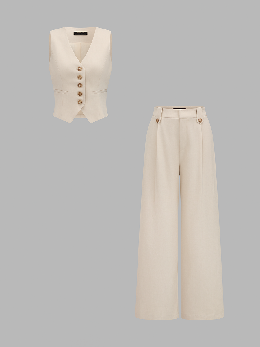 V-Neck Button Vest & Wide Leg Pants Set
