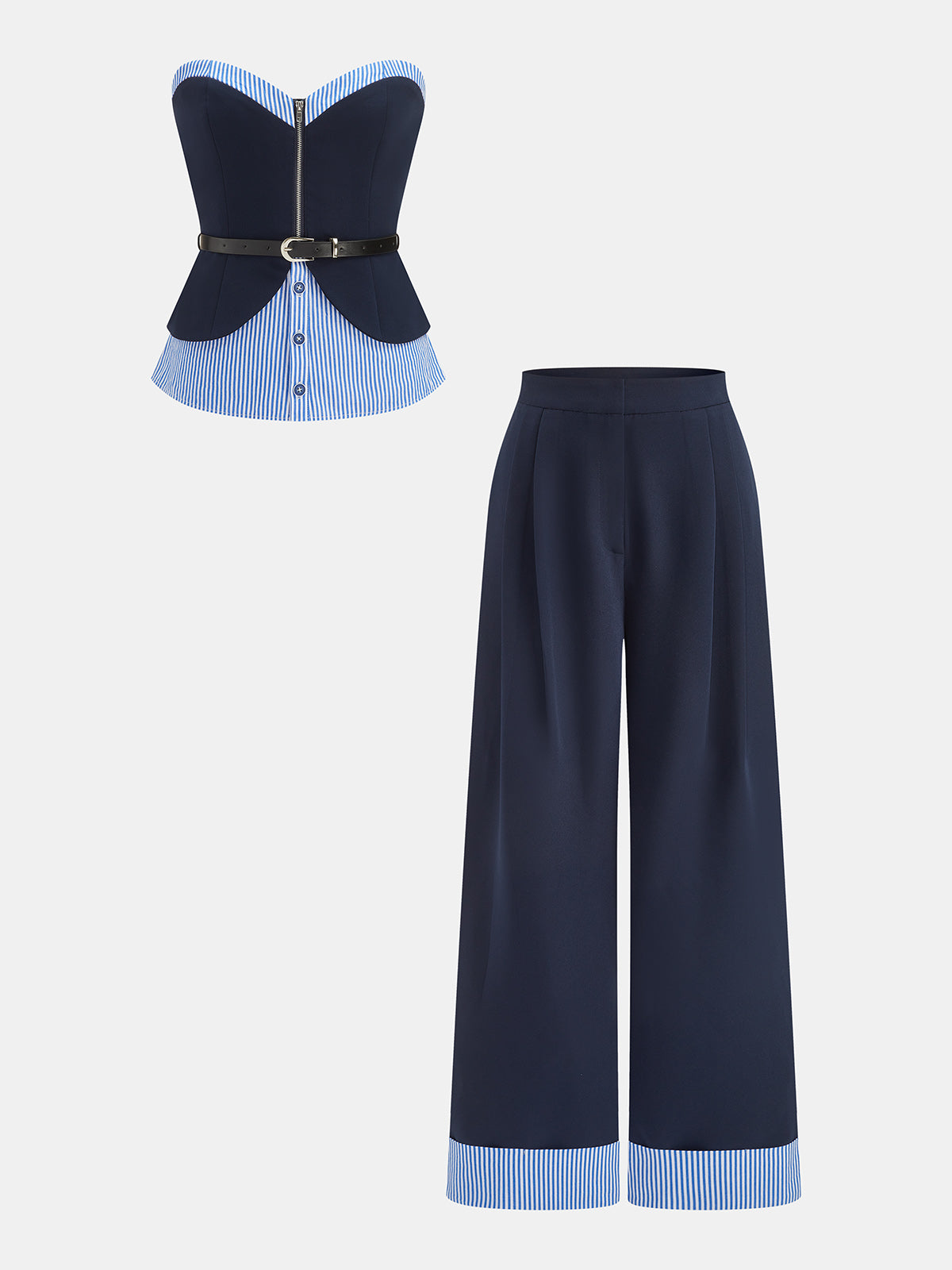Striped Patchwork Strapless Belted Top & Pants Set