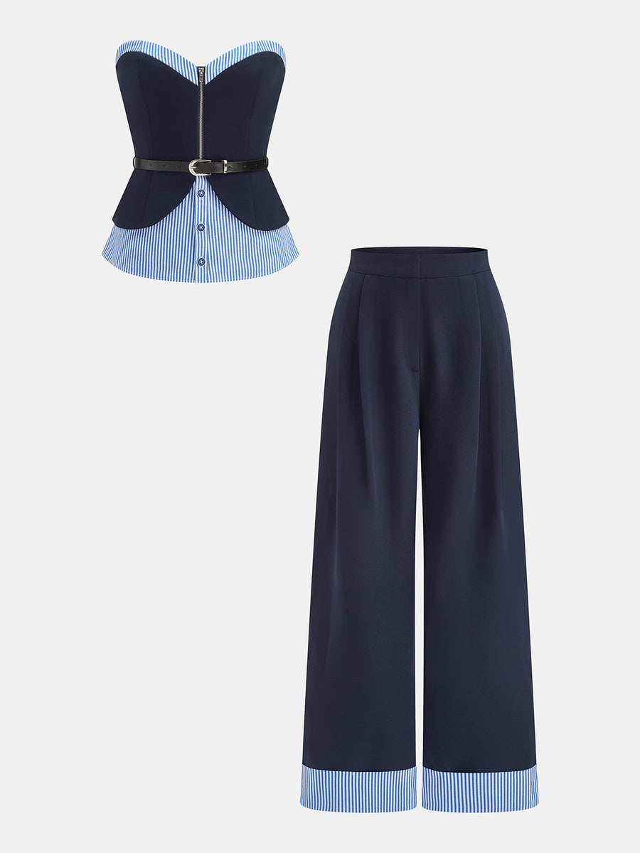 Striped Patchwork Strapless Belted Top & Pants Set