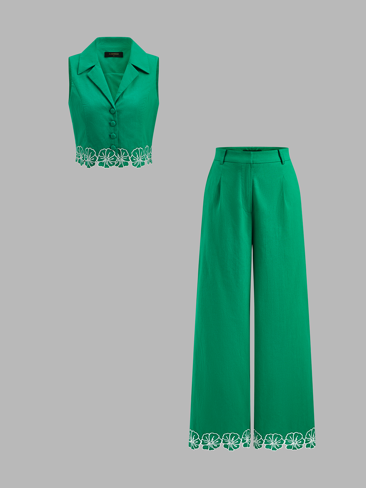 Cotton Floral Embroidered Two Piece Pants Set