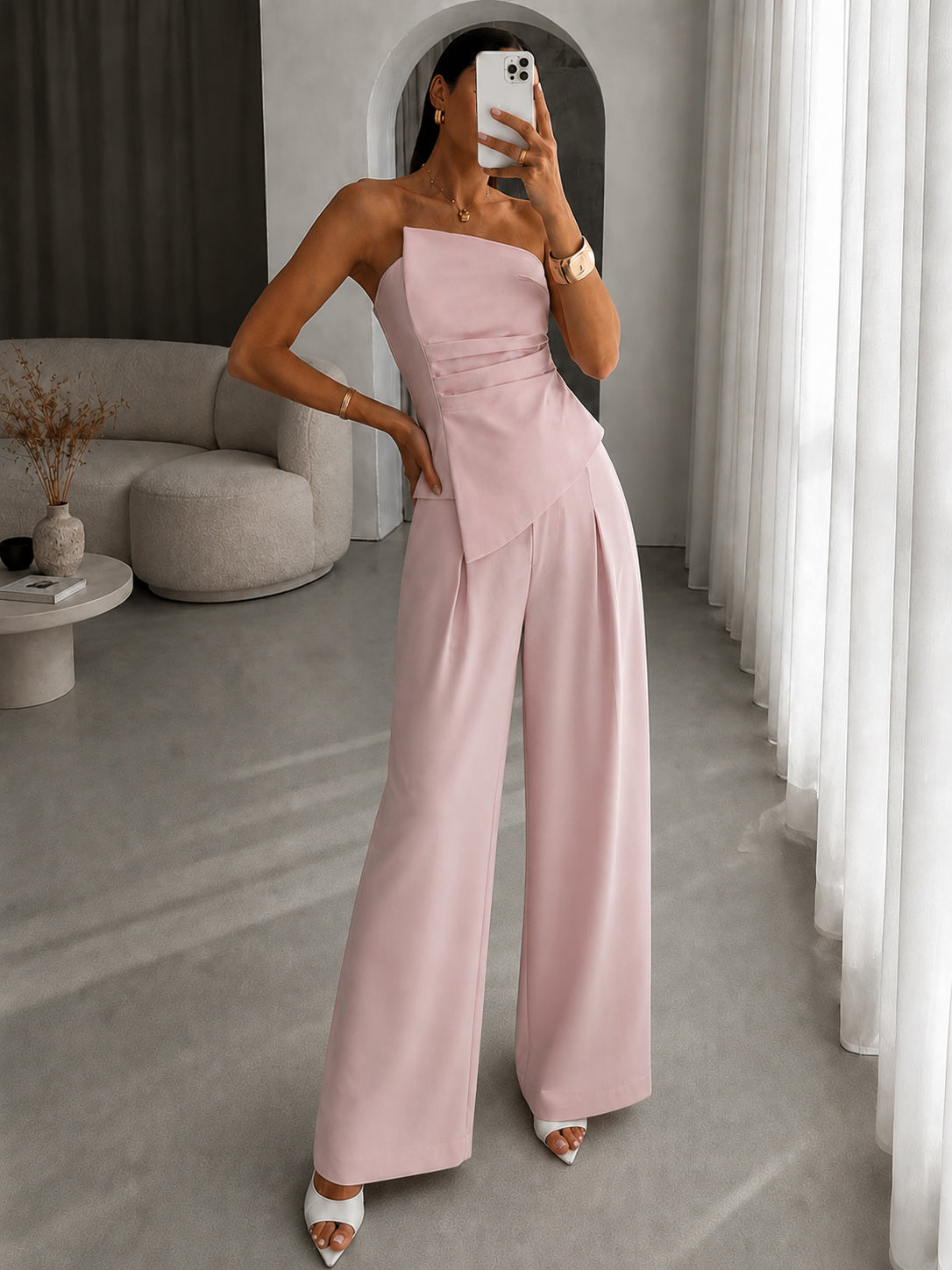 Asymmetric Ruched Strapless Top & Pants Set