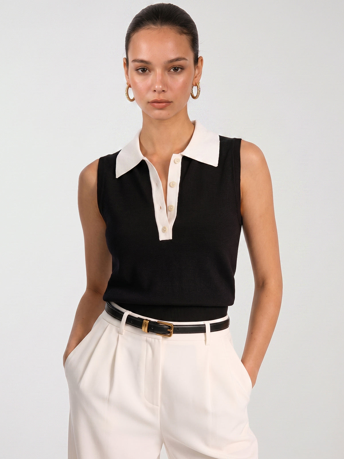 Color Block Sleeveless Polo Knit Top