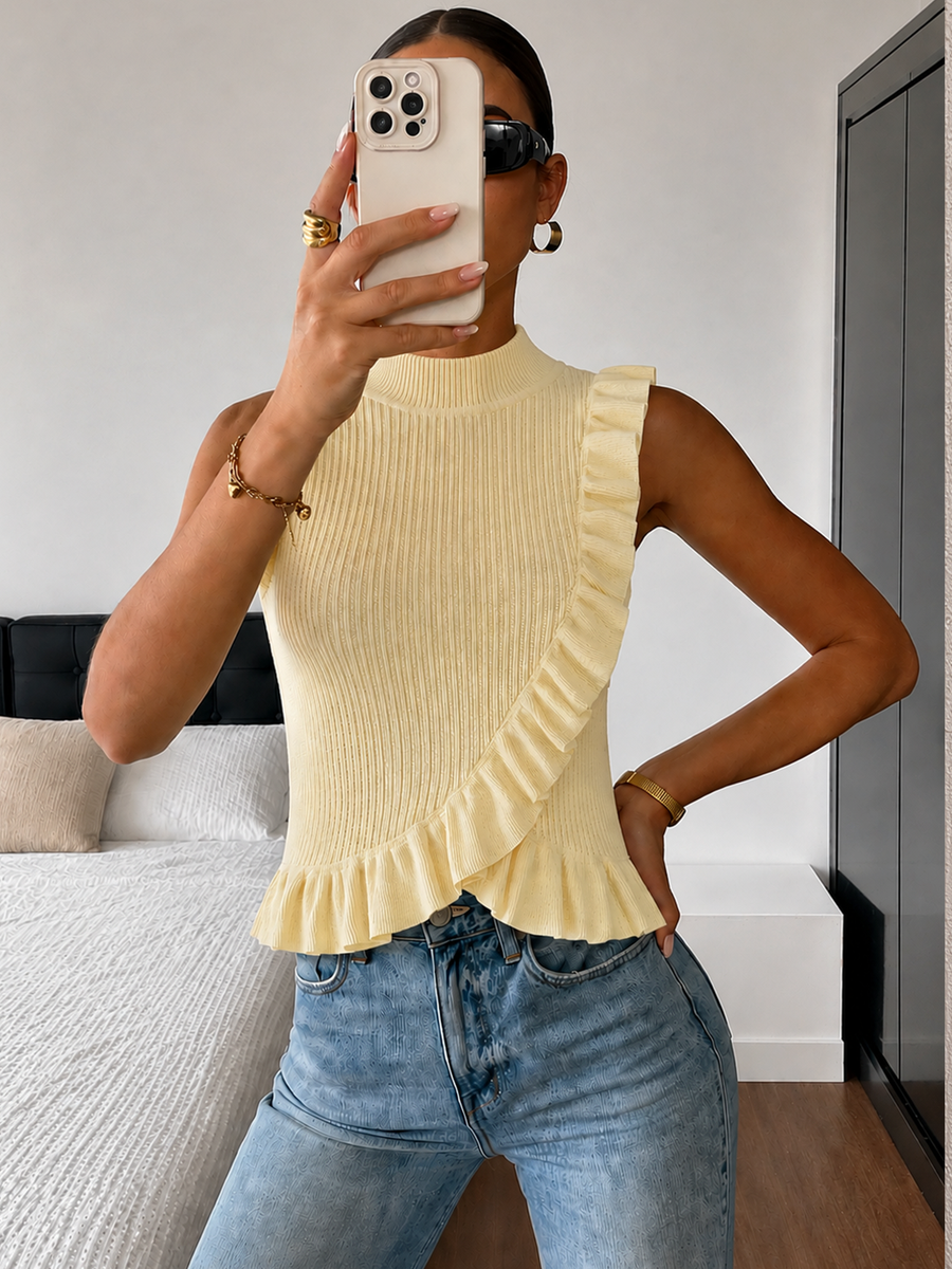 Ribbed High Neck Ruffle Sleeveless Top