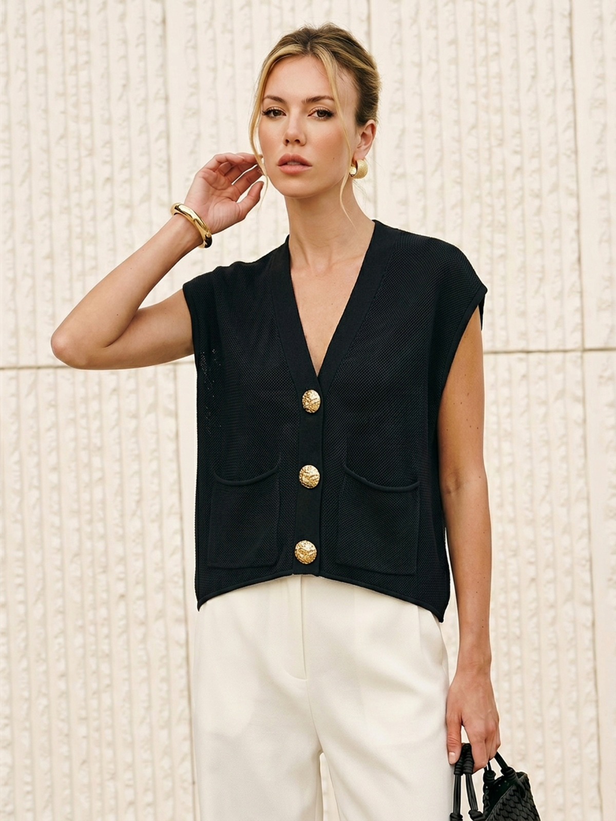 Embossed Button Sleeveless Knit Vest