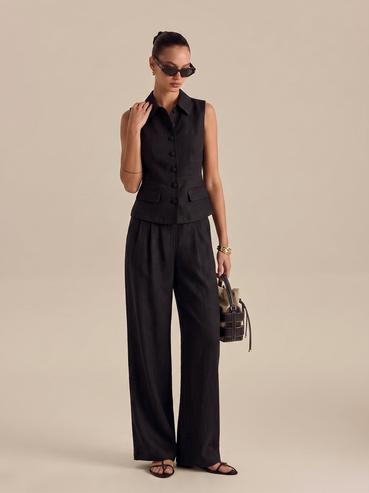 Collared Cotton Linen Vest & Pants Set